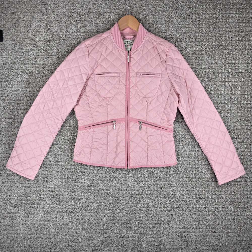 Ralph Lauren Polo Jeans Co Pink Quilted Full Zip Bomber Jacket Womens Medium